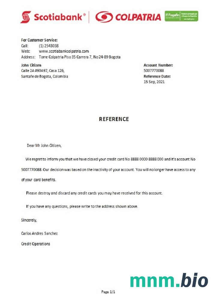 Colombia Scotiabank Colpatria closure reference example w formatach Word i PDF